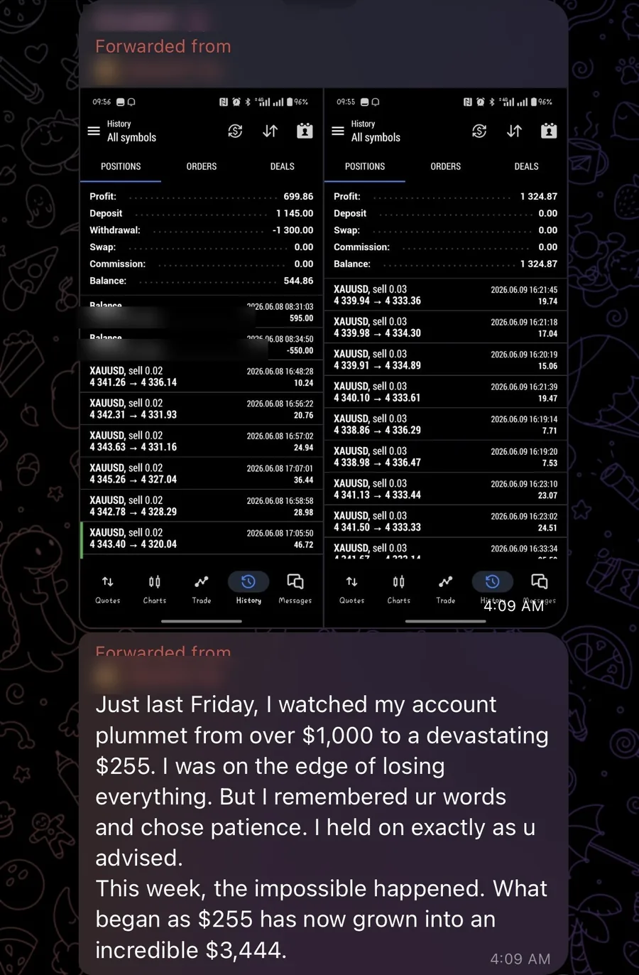 Screenshot of a trading result